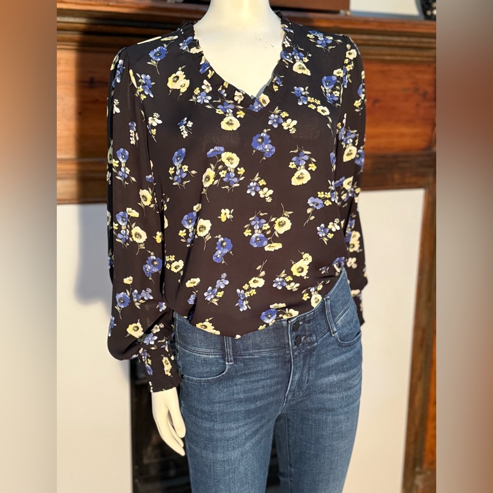 Counterparts Black Blouse with Blue and Yellow Floral Design